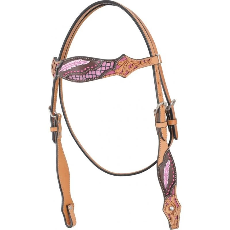 Western Rawhide Country Legend Gator And Feathers Browband Headstall - Golden/Pink 1 Western Rawhide Country Legend Gator And Feathers Browband Headstall - Golden/Pink