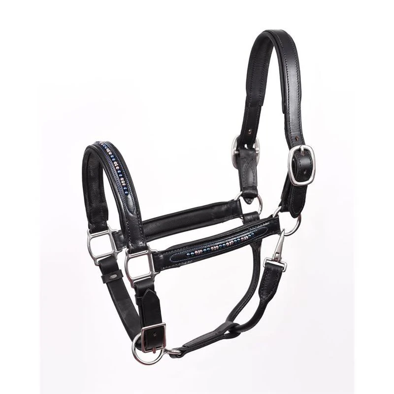 Perri's Blue Pearl Bling Padded Leather Halter - Black 1 Perri's Blue Pearl Bling Padded Leather Halter - Black